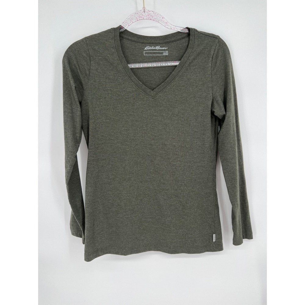 Eddie Bauer Long Sleeve V-Neck Olive Green Casual Tee‎ Shirt Top Women's S